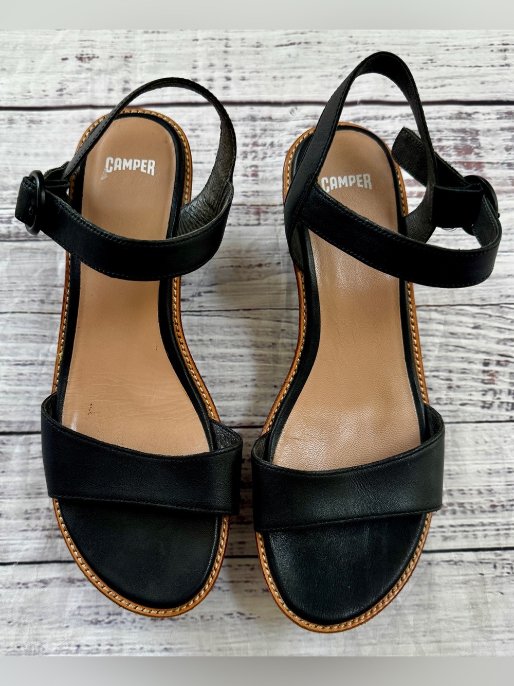 Camper Black Platform Wedge Sandal Ankle Strap  9 EU 40